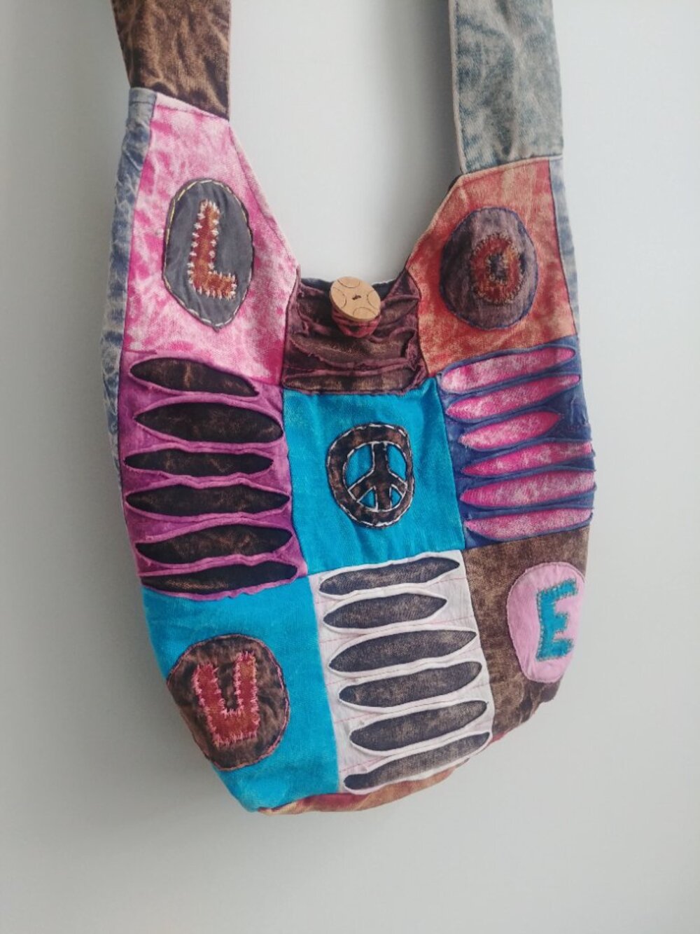 Handmade cotton denim patchwork bag wide strap shoulder crossbody bag - Picture 2 of 14